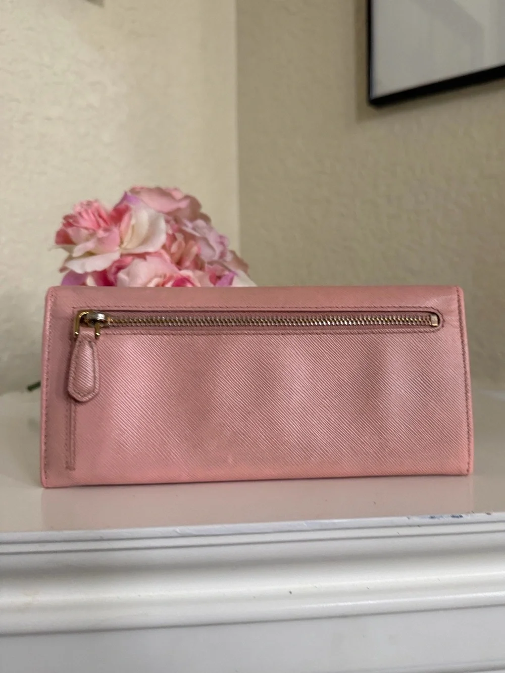 Pink Prada Saffiano leather long wallet flap closure with bow